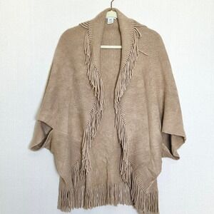 Fringe Cardigan Shawl Open Front Knit Poncho Sweater One Size Plus Beige